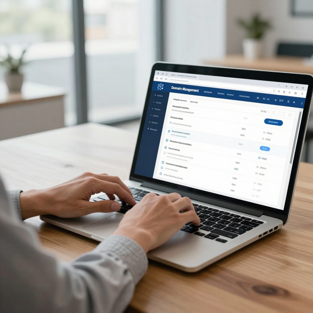 Hands typing on a laptop showing a blue-and-white dashboard on a wooden desk