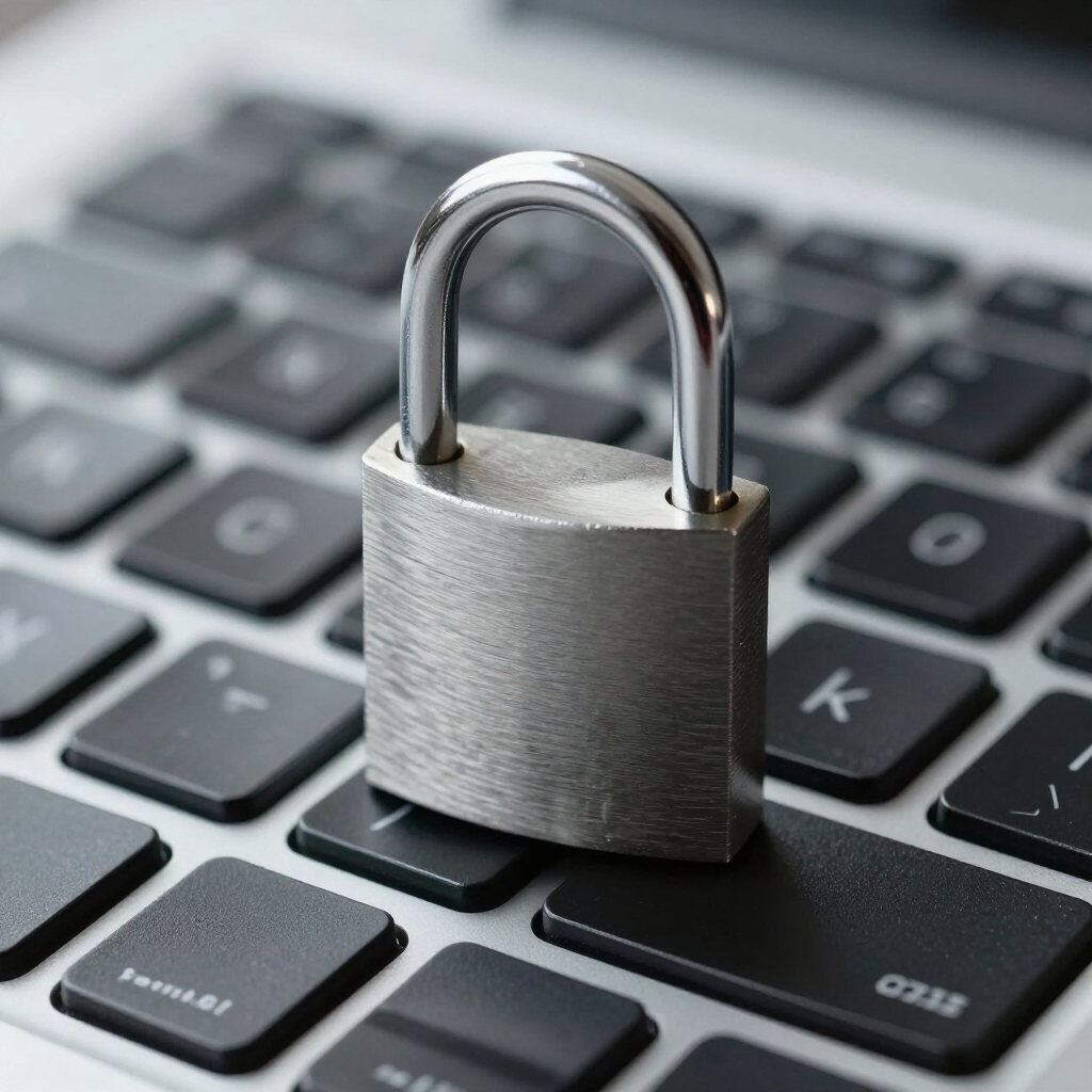 Metal padlock on a computer keyboard, symbolizing digital security and access control