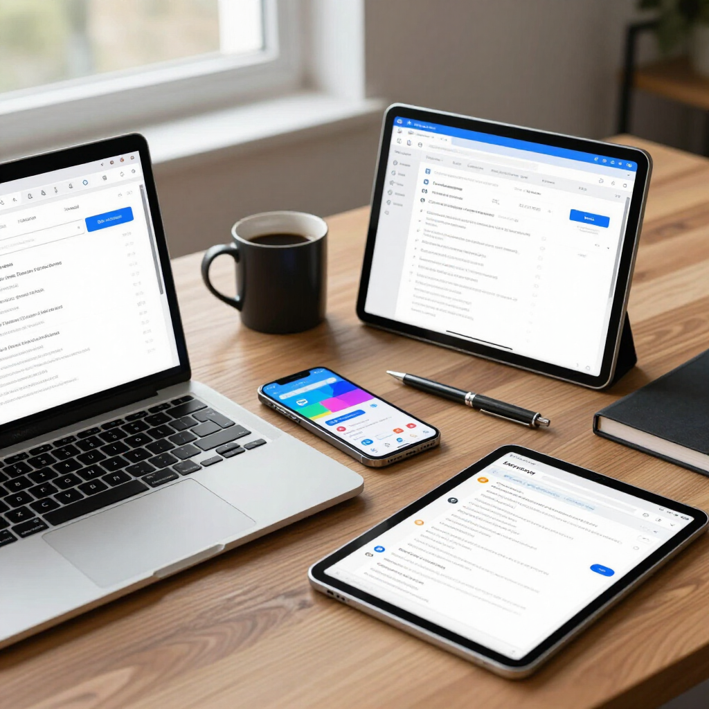 Laptop, tablet, and smartphone on a wooden desk beside a coffee mug and stylus.