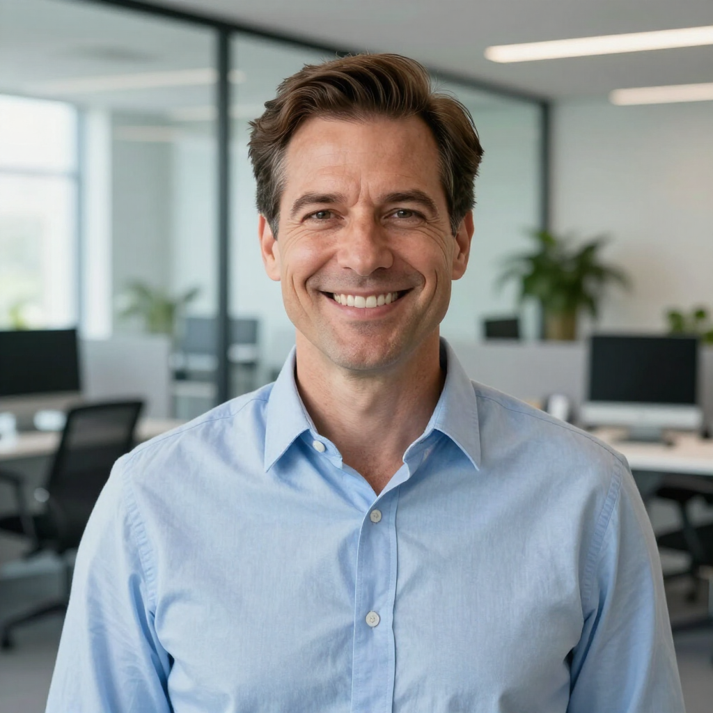Smiling man in a light blue shirt standing in a modern office