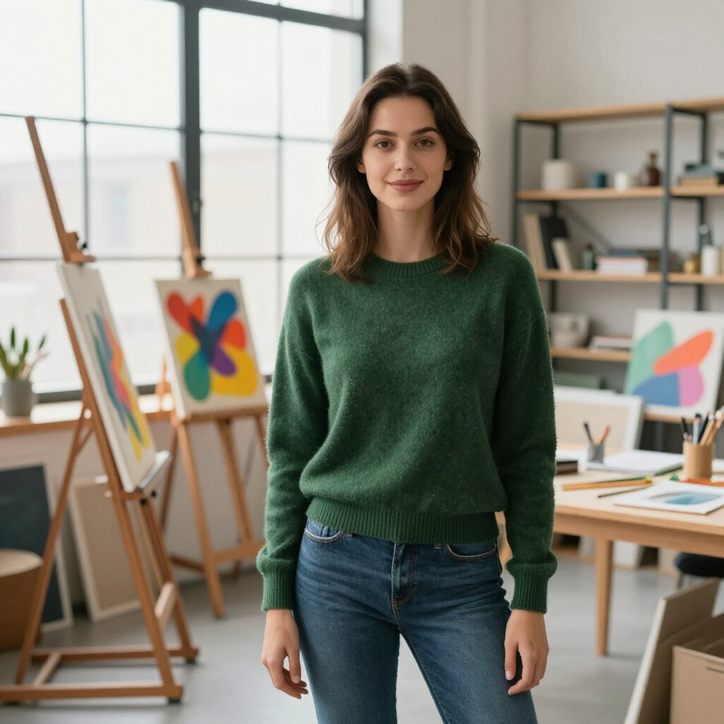 Woman standing in an art studio with easels and colorful abstract paintings