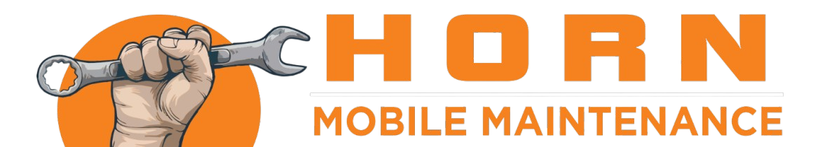 Logo: hand holding wrench in an orange circle, "HORN MOBILE MAINTENANCE" in orange text.