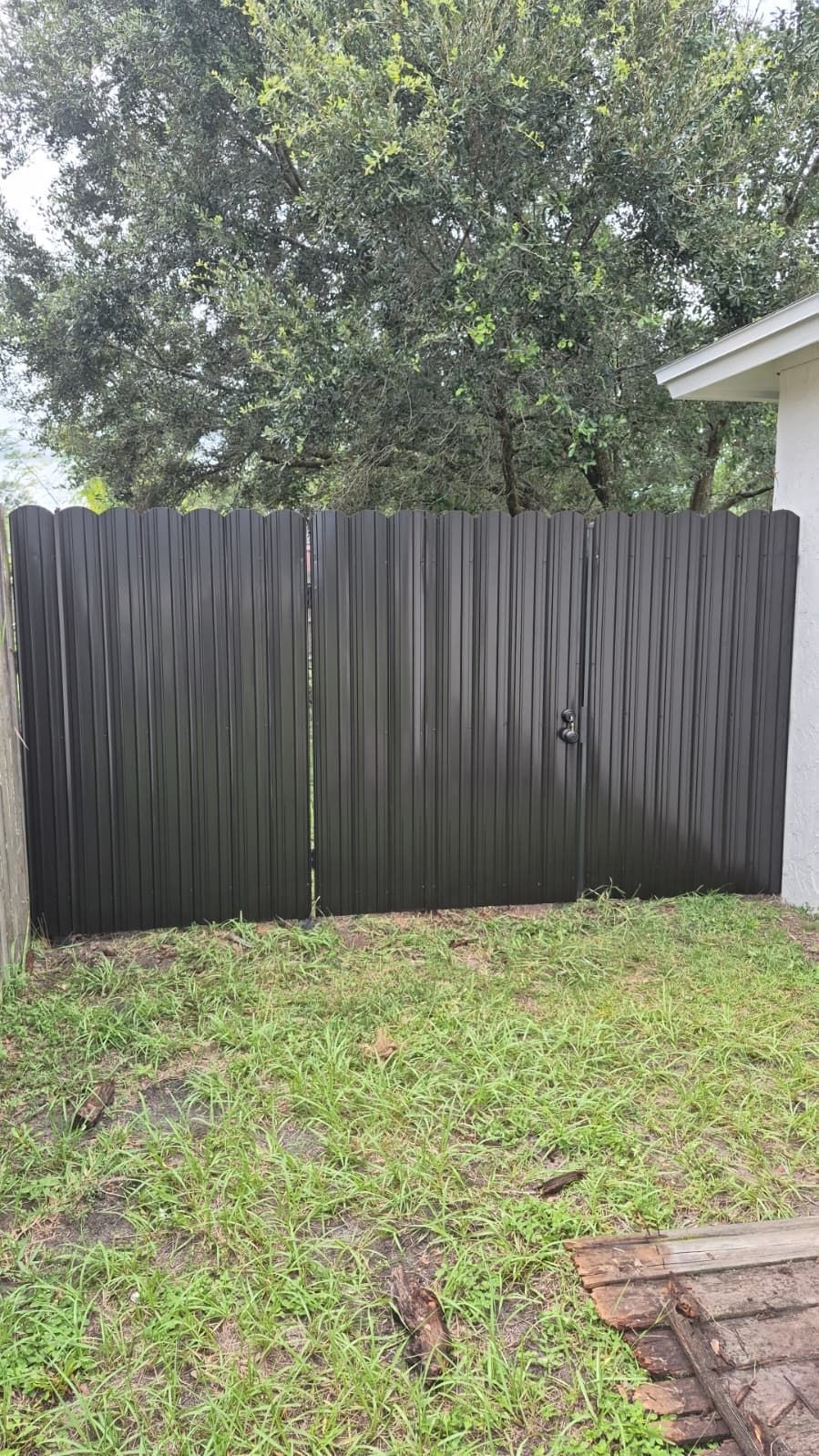 Backyard with a dark wooden fence, green grass, and a large tree behind it.