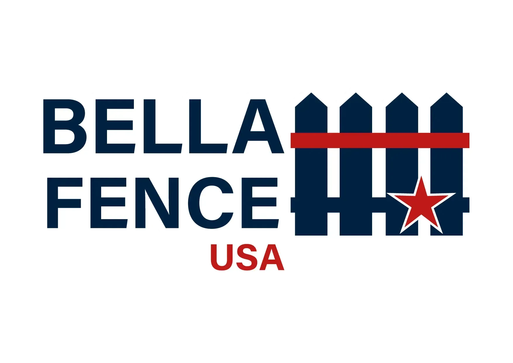 Bella Fence USA logo with navy fence and red star accents