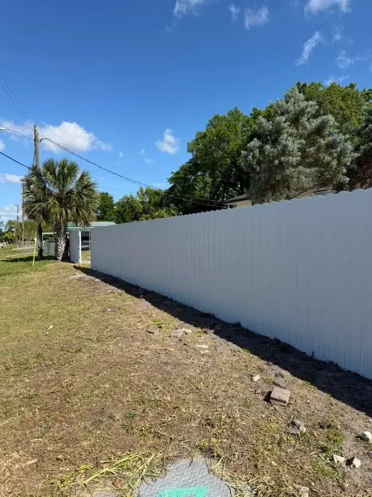 White fence along a grassy yard under a bright blue sky, with trees and a small palm nearby