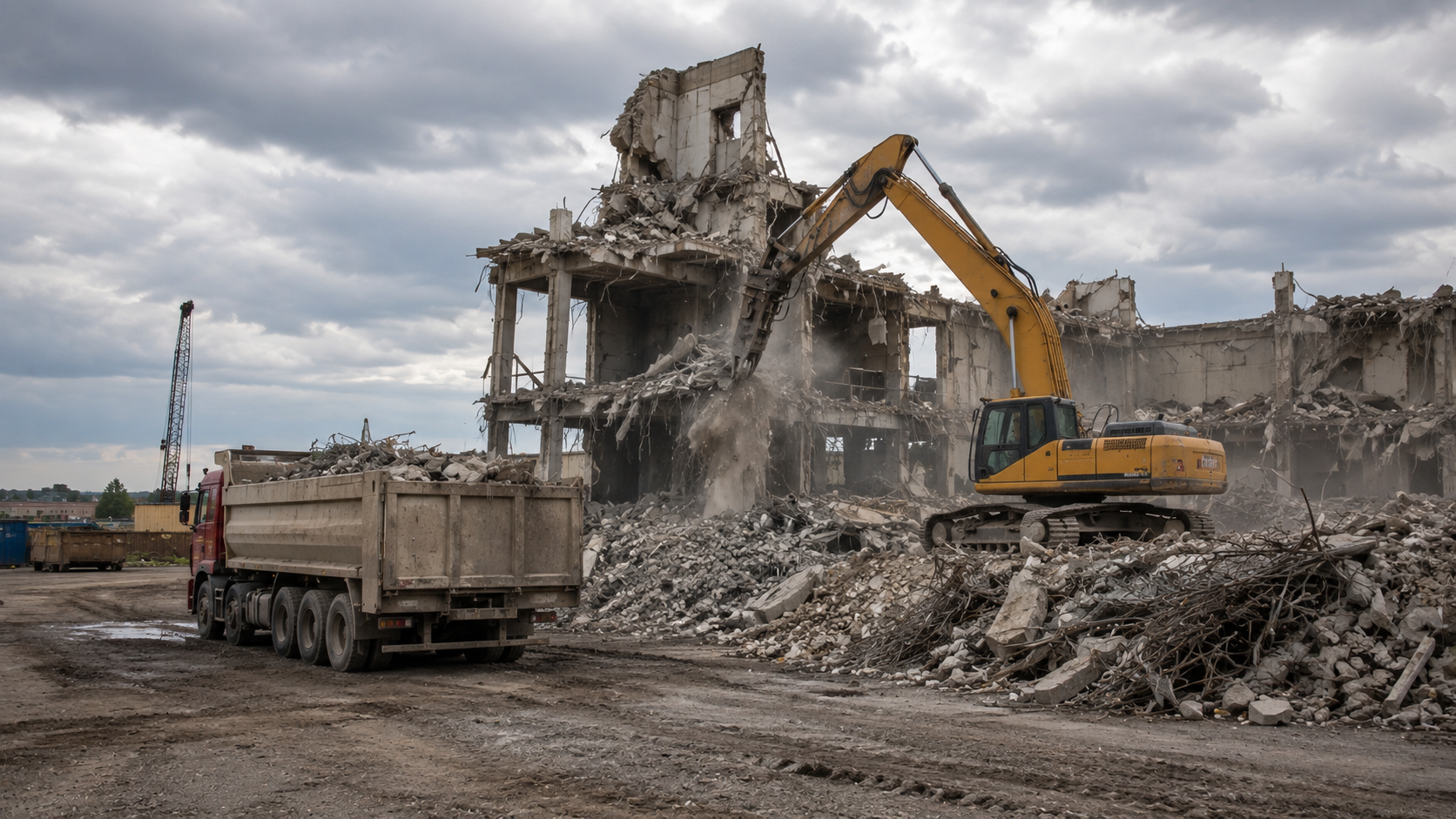 Excavator demolishing a ruined building beside a dump truck under a gray sky