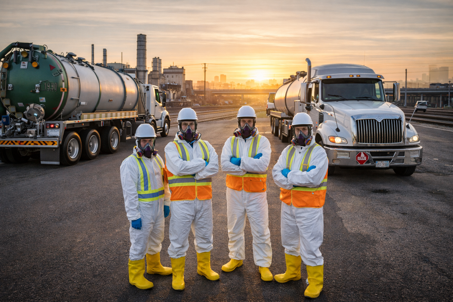 US Waste Industries hazardous waste transportation team with DOT-compliant tanker trucks