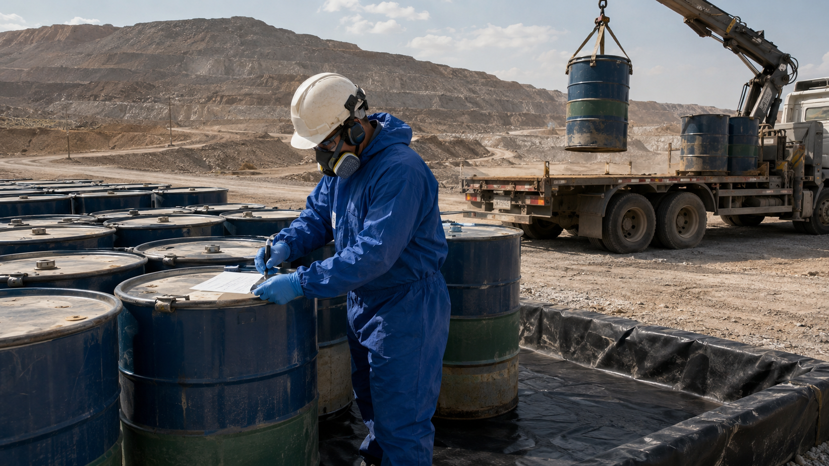 Hazmat technician managing regulated chemical waste drums at a remote open pit mining operation