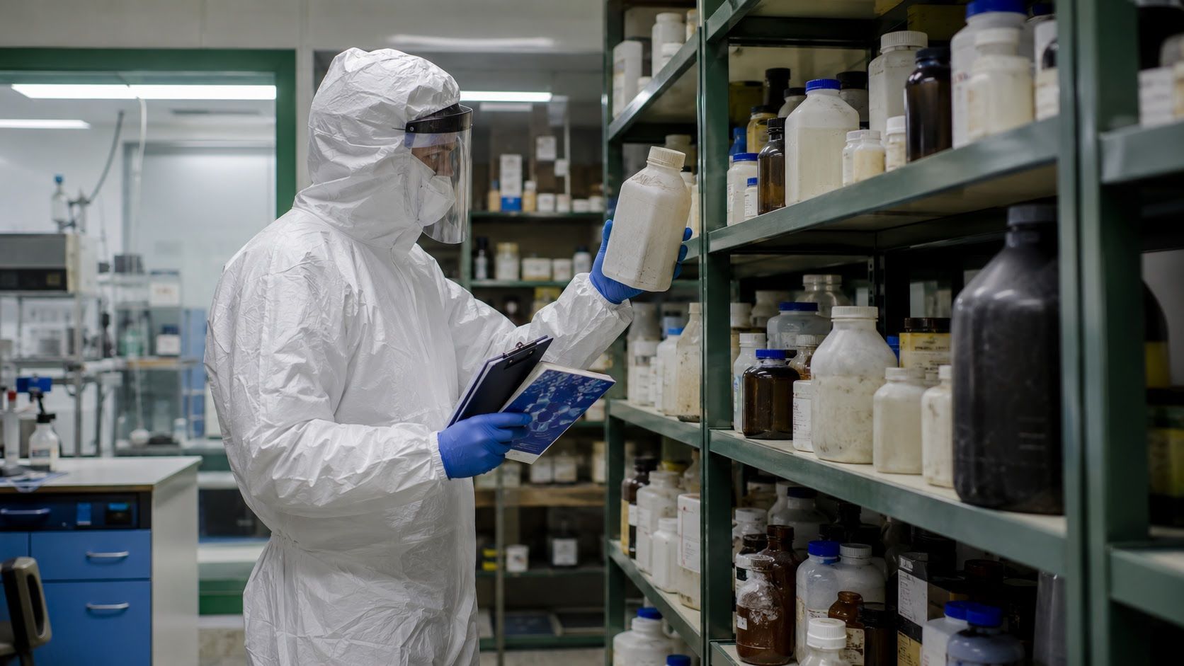 Hazmat technician inspecting and cataloging unknown and unlabeled chemical containers on university laboratory shelving