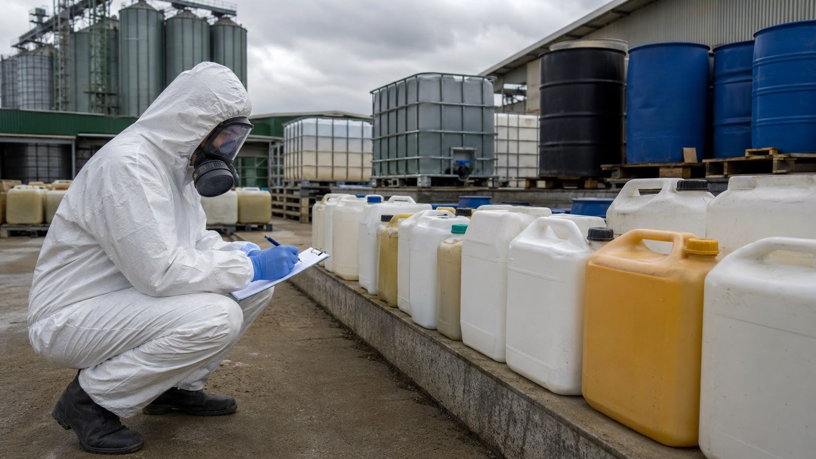Hazmat technician inspecting and packaging regulated chemical containers for hazardous waste disposal at a demolition site