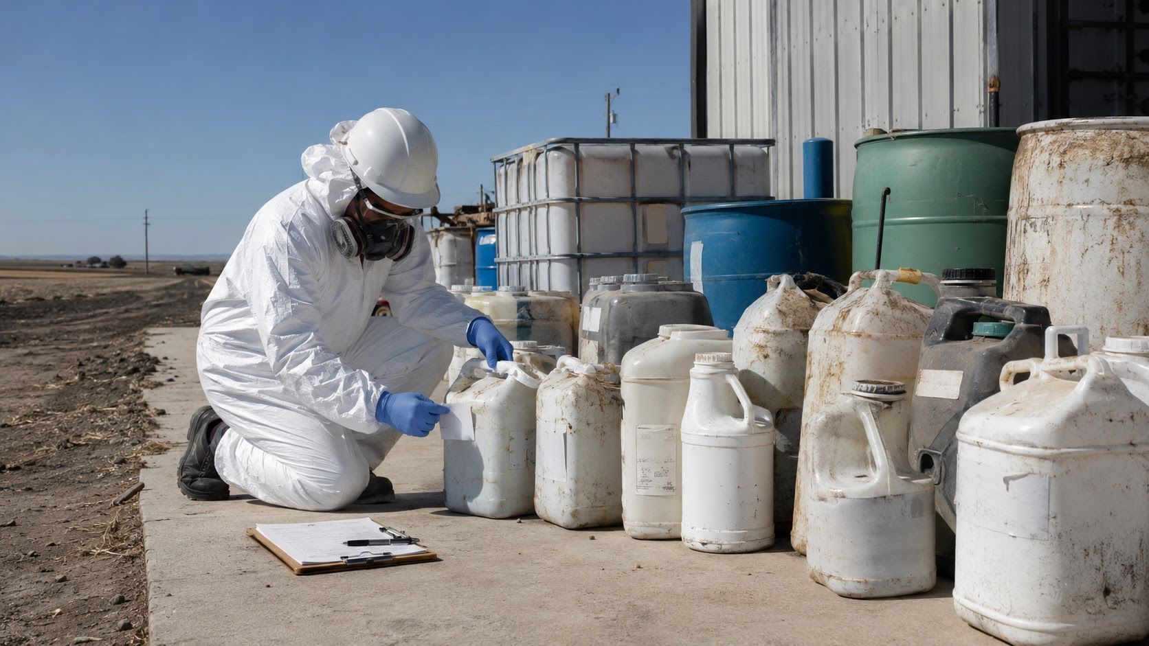 Worker inspecting and cataloging emptied pesticide containers staged for rinsate handling and removal at an agricultural site