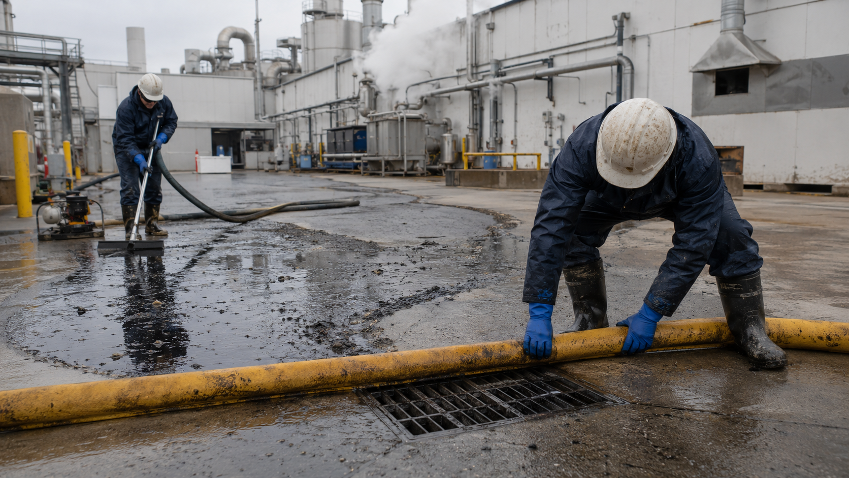 Worker containing and cleaning up a process wastewater spill at a food and beverage production facility