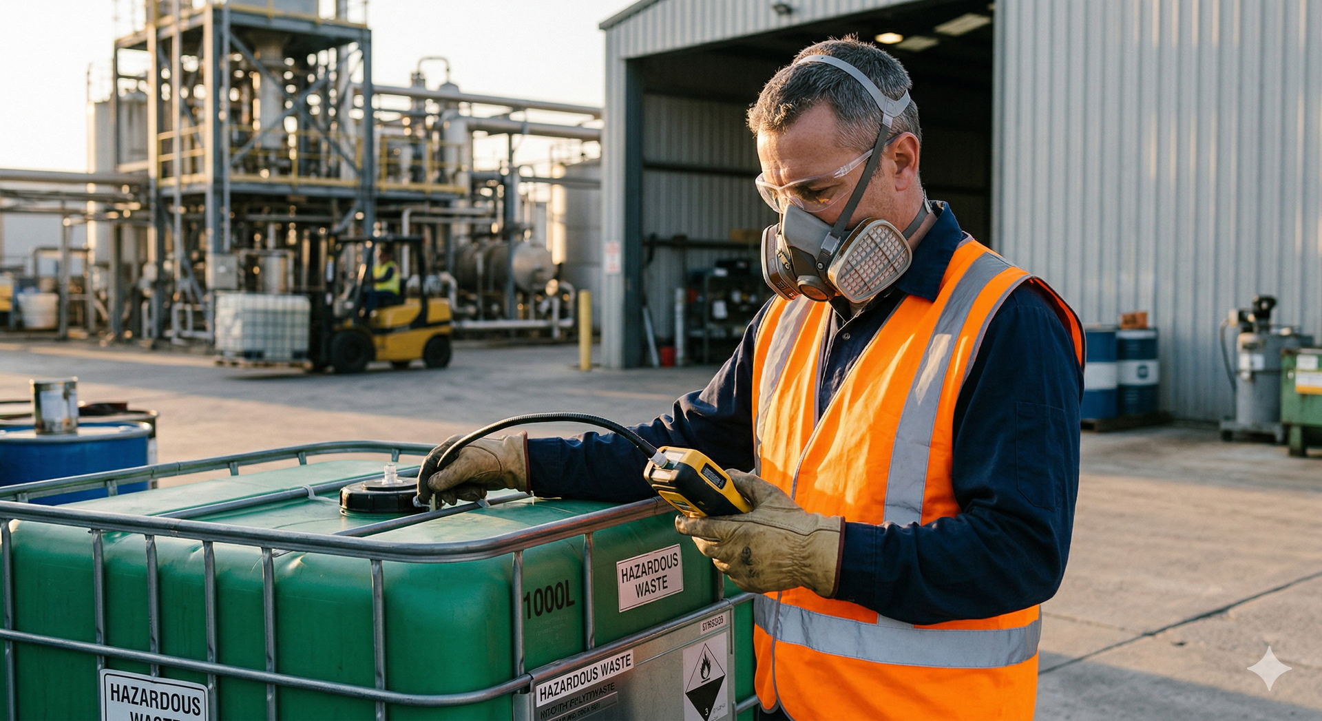 Worker inspecting industrial waste container with monitoring device for safety and compliance