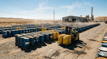 Hazardous and non-hazardous waste barrels or outside in desert