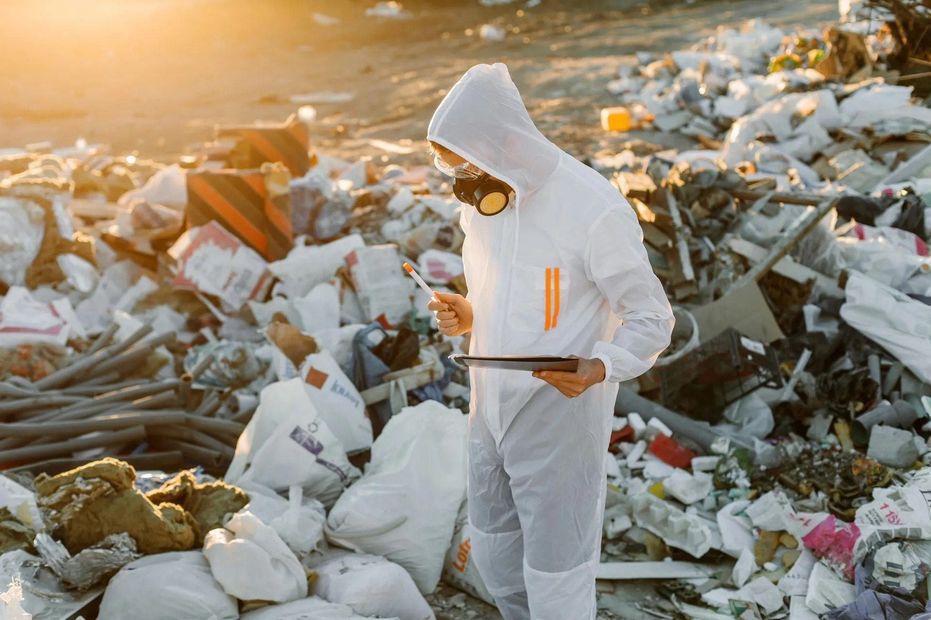 Hazmat technician inspecting and documenting waste materials for compliant disposal