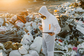 Hazmat technician inspecting and documenting waste materials for compliant disposal