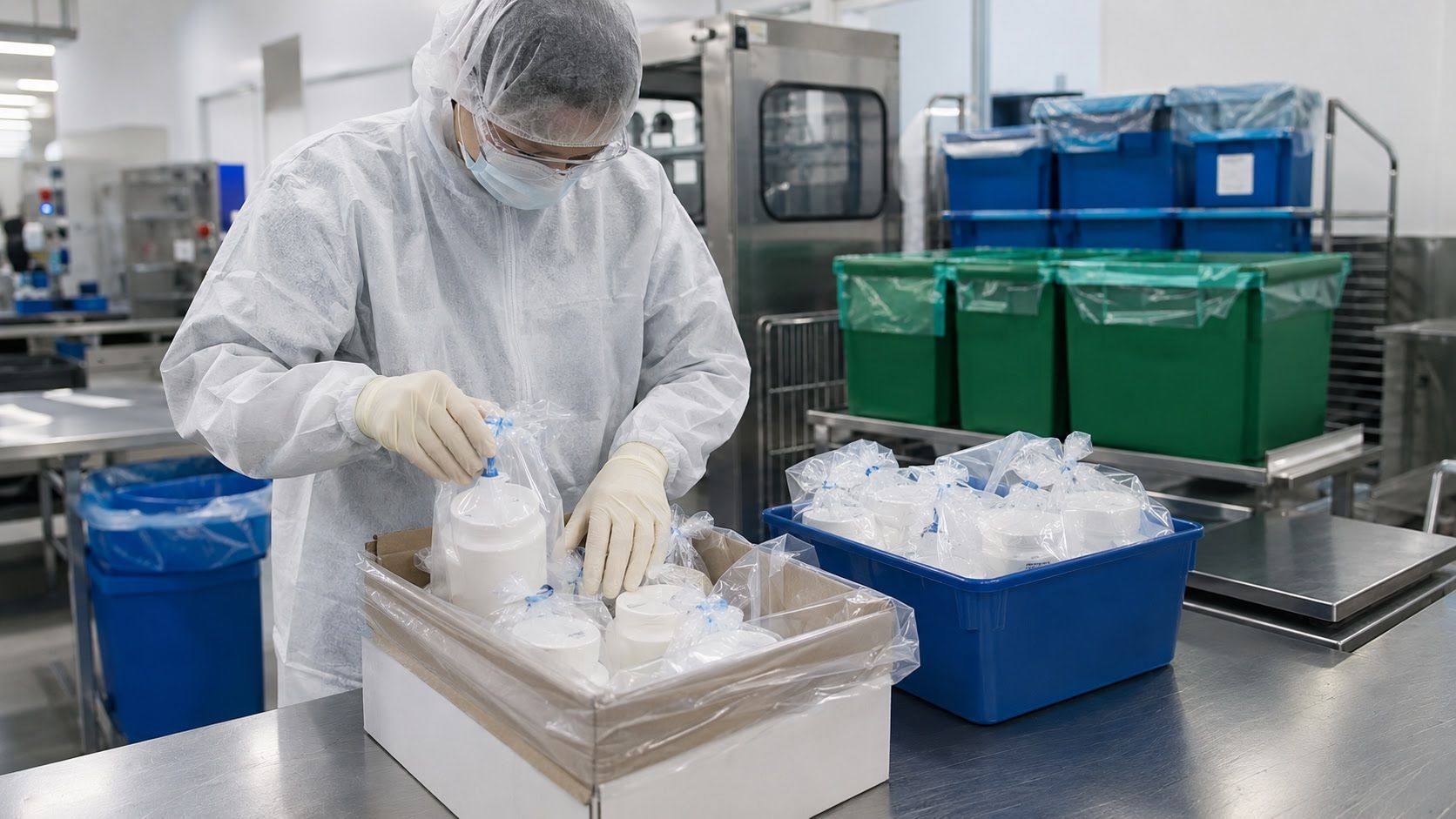 Pharmaceutical facility worker packaging and sealing hazardous waste materials for compliant disposal coordination