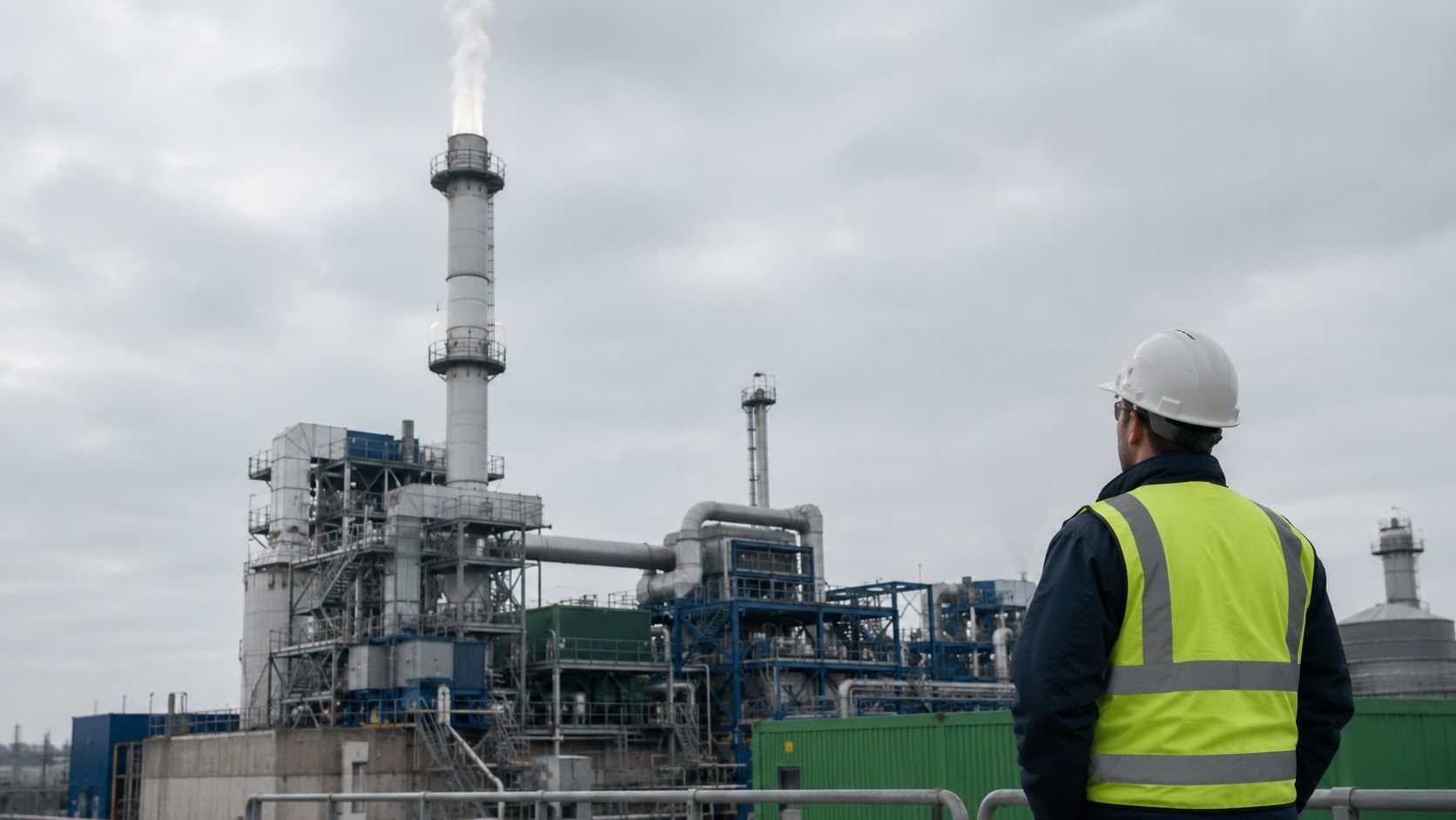 Industrial thermal treatment facility with tall incinerator stack used for chemical and solvent waste thermal destruction