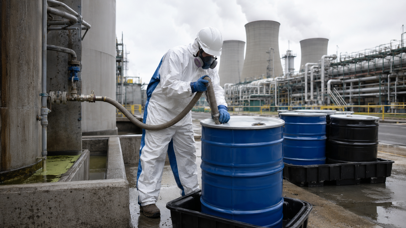 Hazardous waste technician managing chemical treatment waste drums at a power generation facility