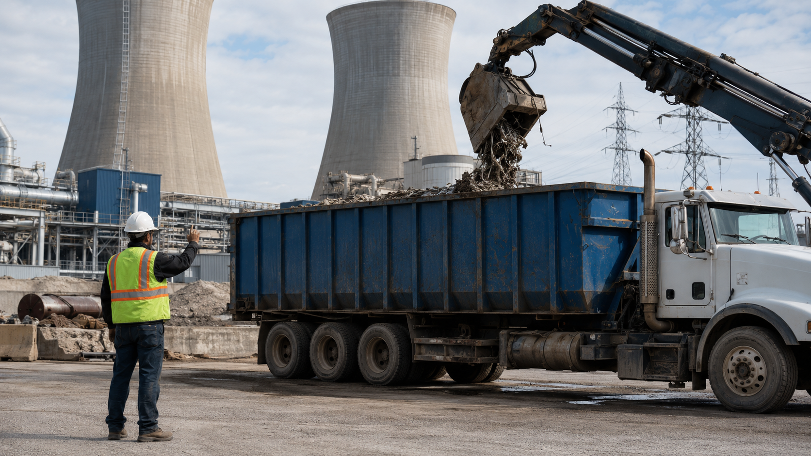 Roll-off container truck collecting non-hazardous industrial waste at a utility facility near cooling towers