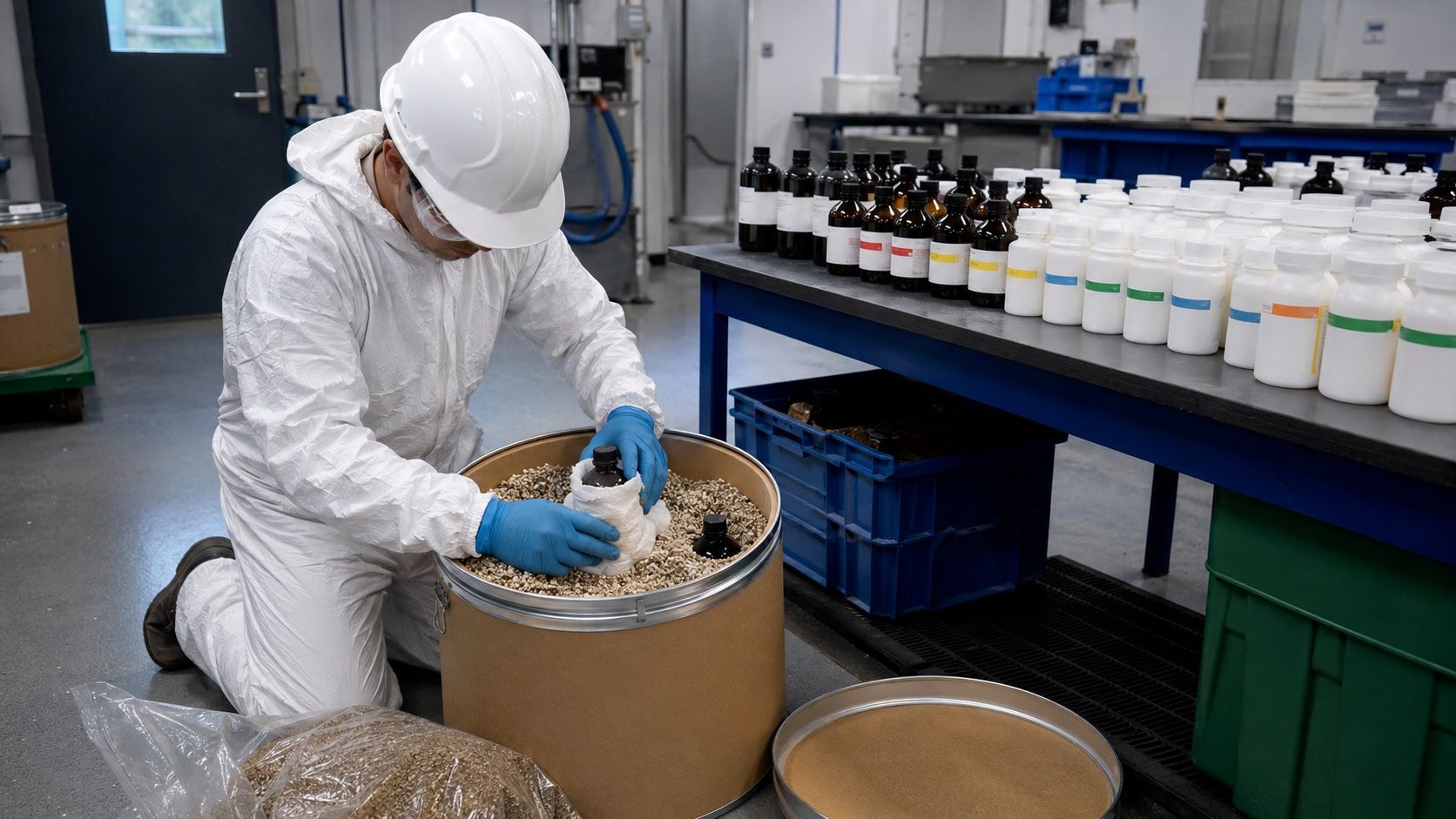 Lab packing technician carefully placing small chemical containers into a lab pack drum at a chemical processing facility
