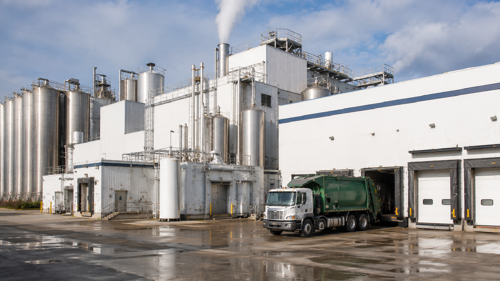 Industrial warehouse exterior with silver tanks, white loading docks, and a green truck on wet pavement.
