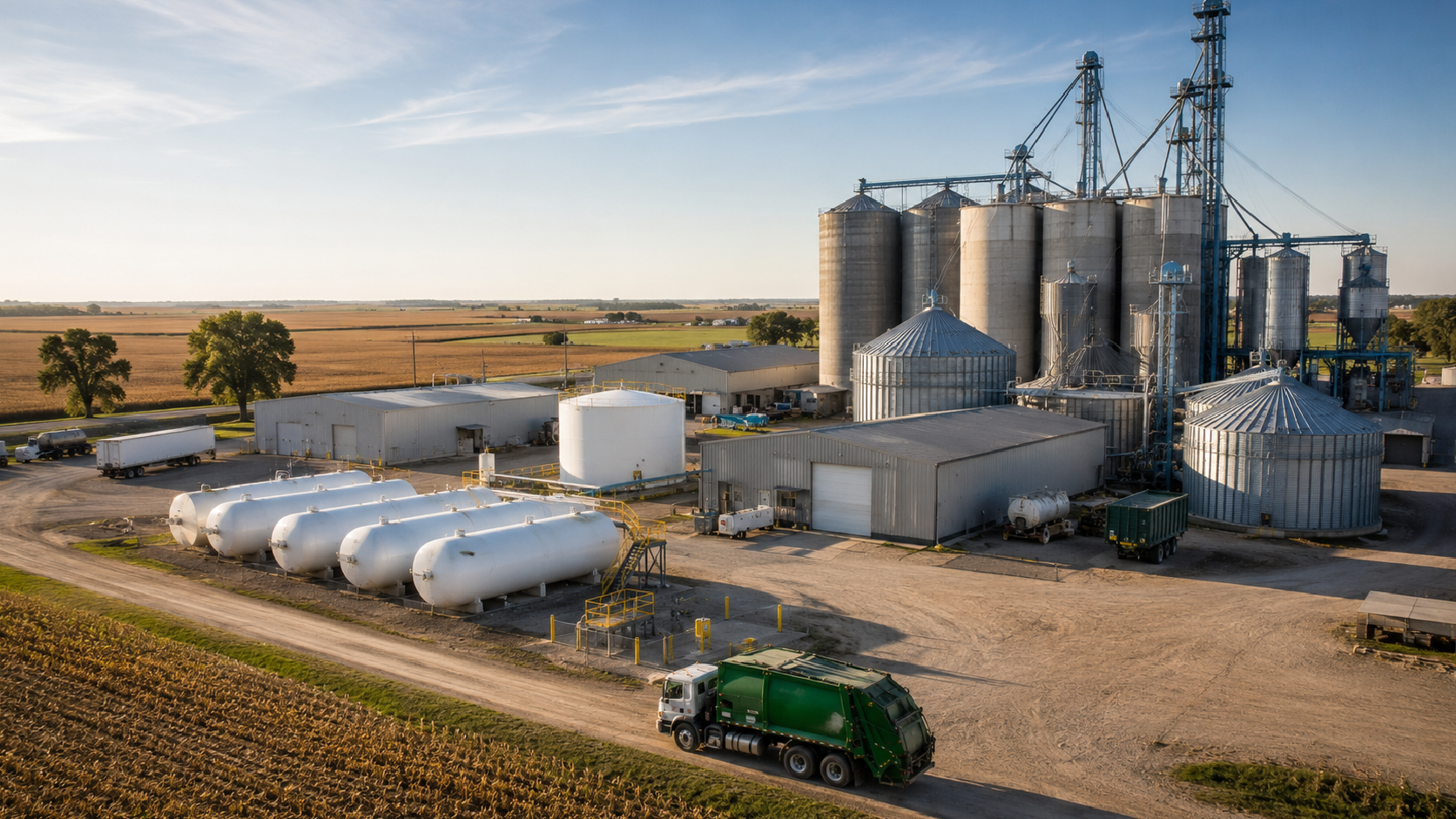 Agricultural grain facility with silos, storage tanks, and a green tractor beside a dirt road in a rural field