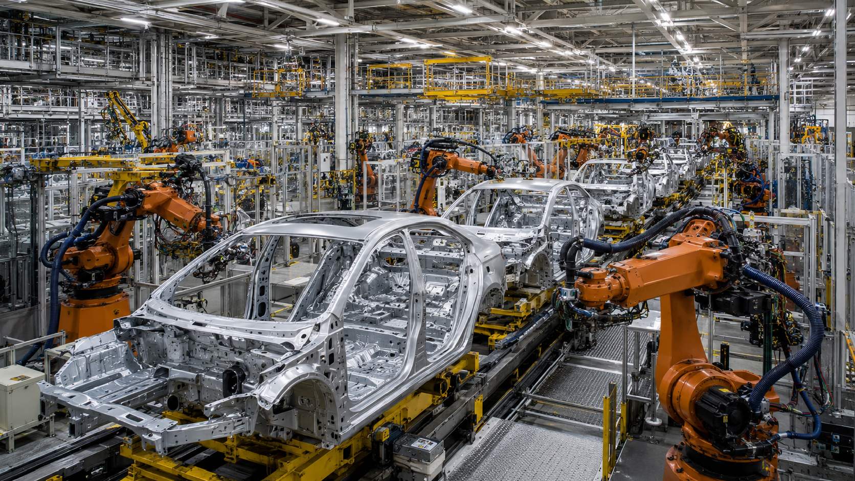 Robotic arms assembling car bodies on a factory production line