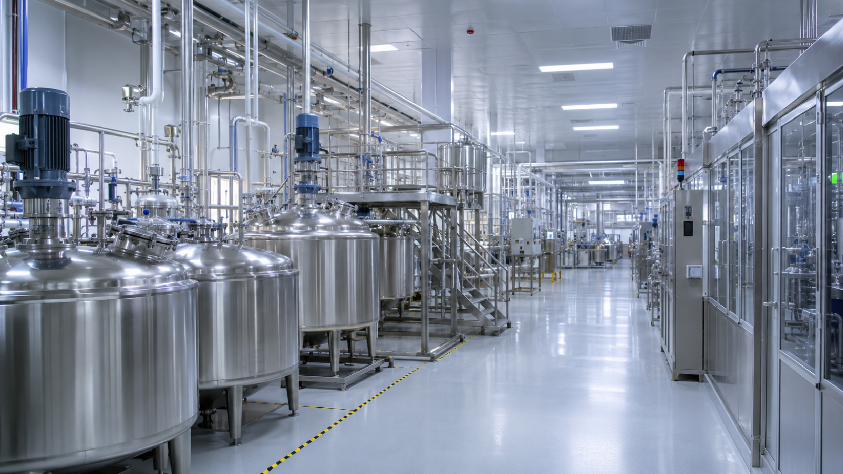 Bright stainless-steel industrial processing plant with tanks, pipes, and clean white floors