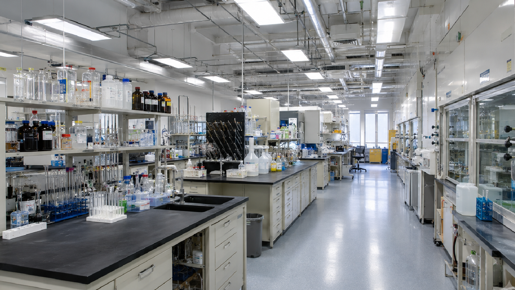 Bright laboratory with rows of workbenches, glassware, and equipment under fluorescent lights