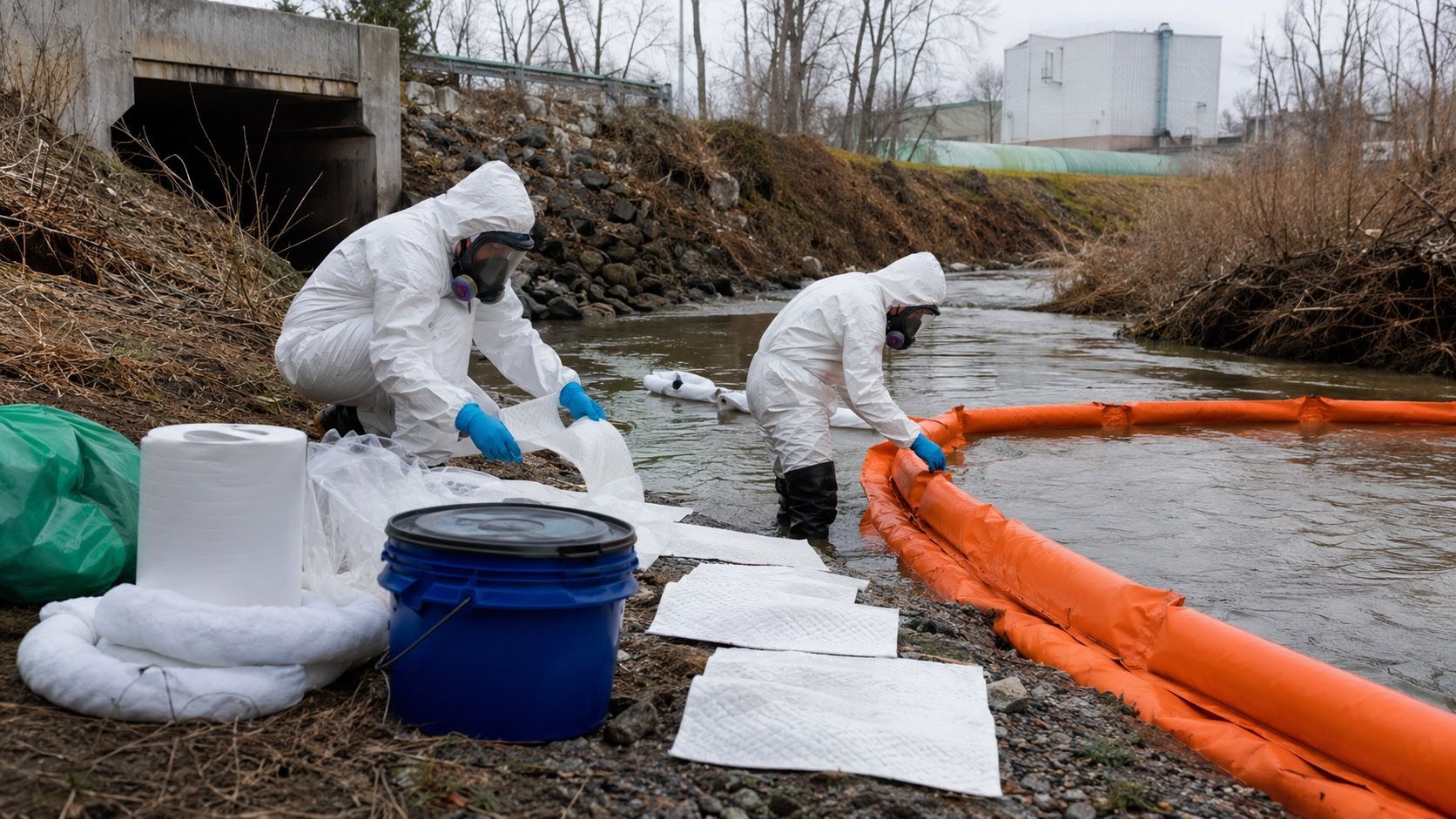 Emergency responders containing a hazardous chemical spill at an industrial waterway near a pharmaceutical facility