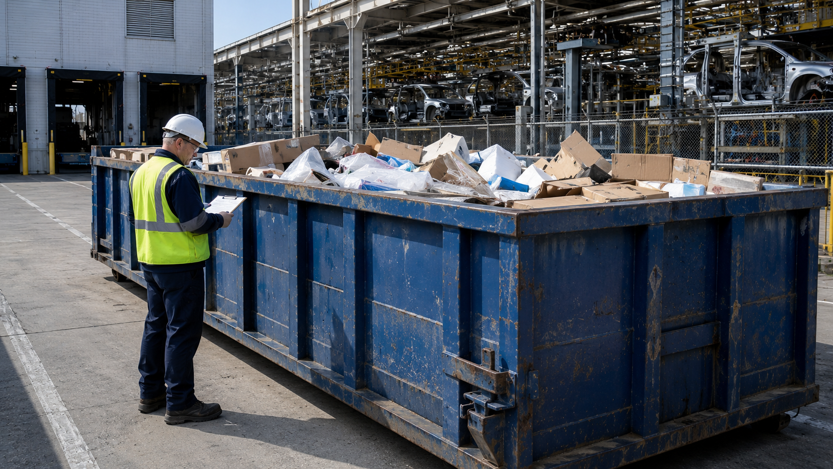 Worker overseeing roll-off container collection of non-hazardous production waste at an automotive assembly plant