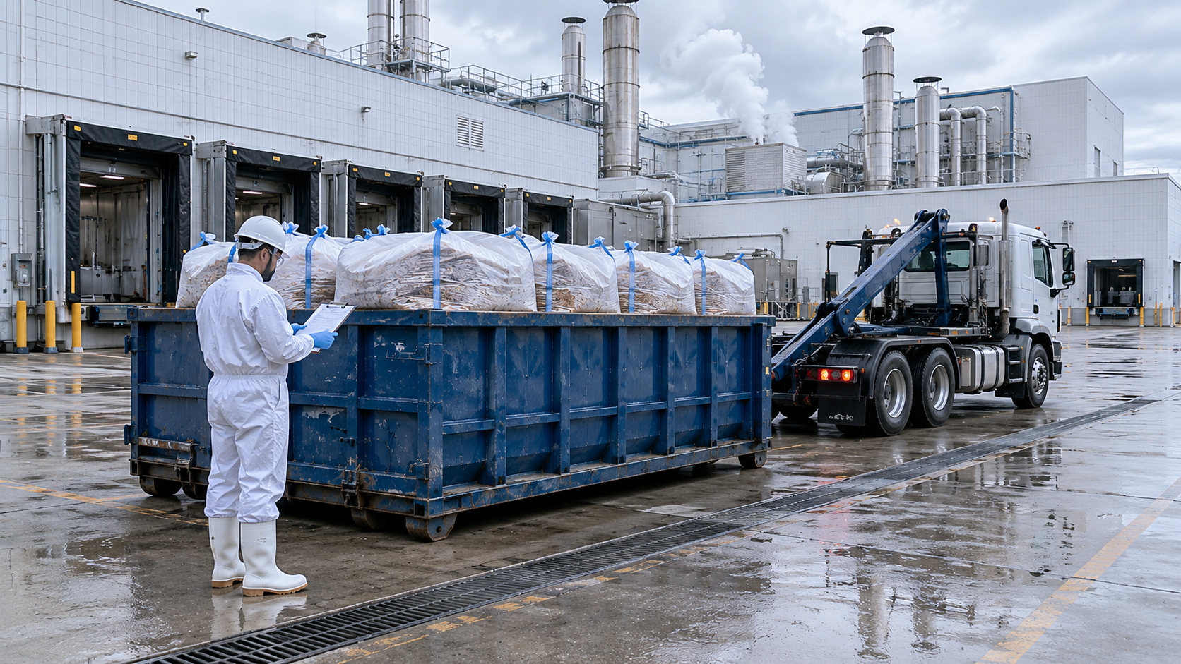 Worker overseeing roll-off container collection of non-hazardous organic process waste at a food manufacturing facility