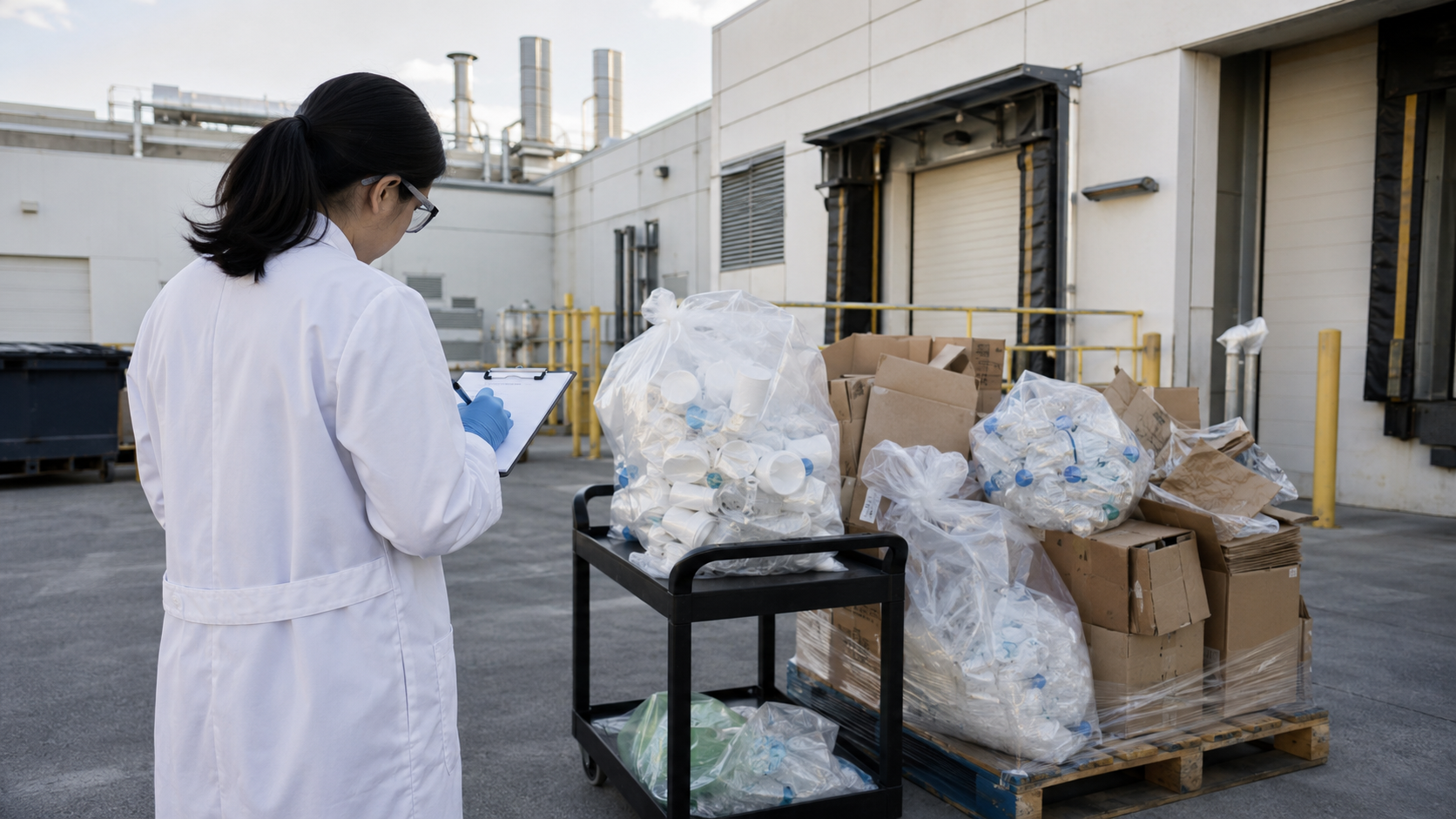 University lab worker collecting and sorting non-hazardous laboratory waste bags and boxes at a campus loading dock