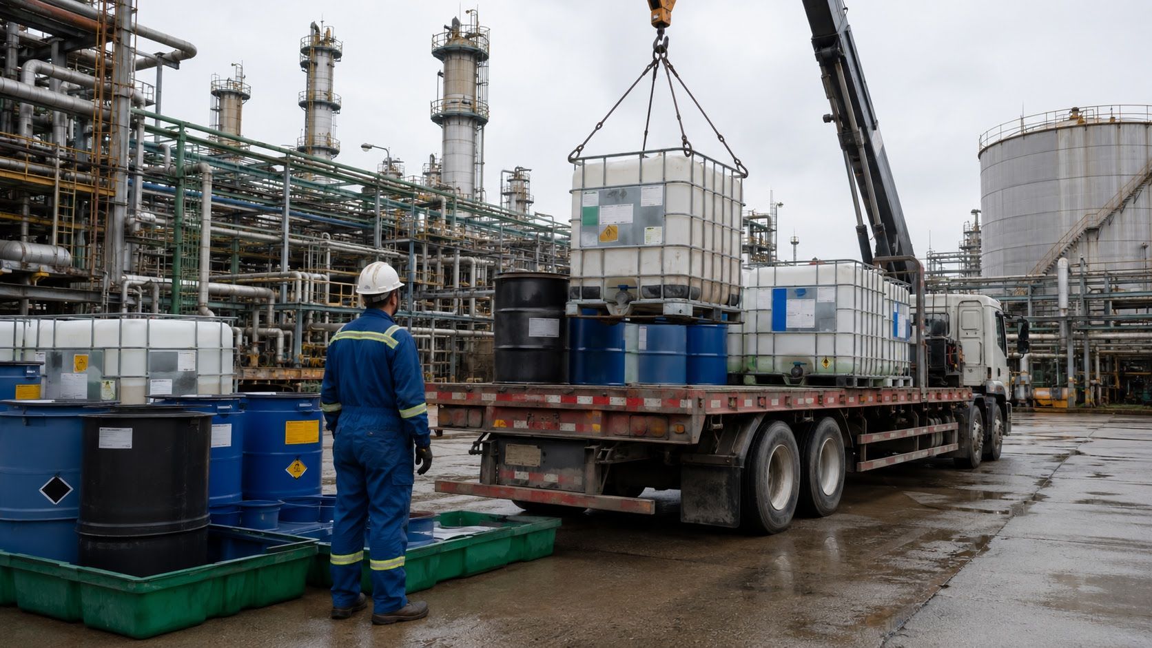 Flatbed truck loaded with industrial chemical containers and drums staged for non-hazardous waste transport coordination