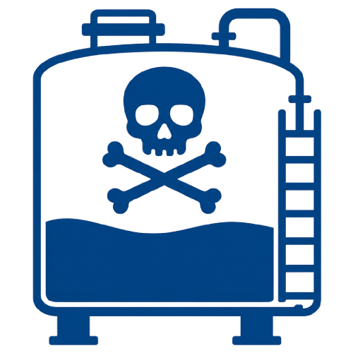 Blue icon showing toxic waste substances in container