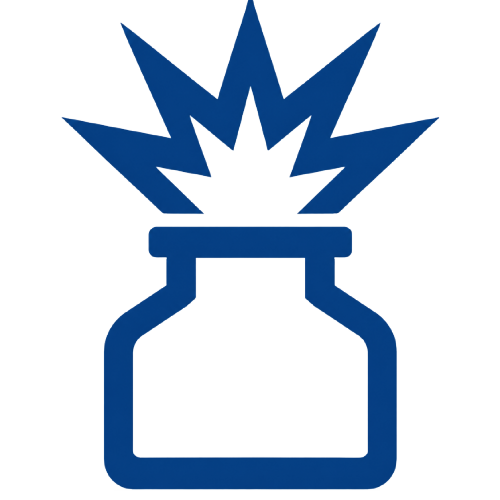 Blue icon showing peroxide forming explosion inside bottle