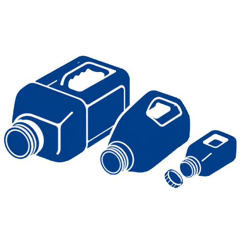 Blue icon with three empty hazardous waste chemical bottles