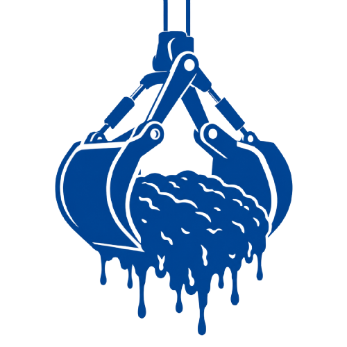 Blue icon showing sludge removal from Lagoon by crane