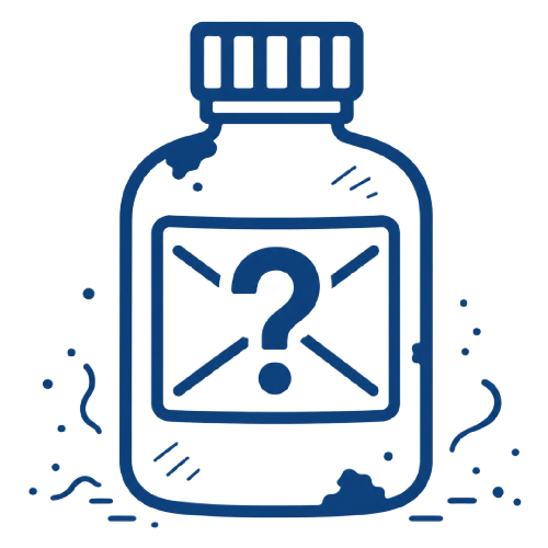 Blue icon showing medicine bottle with unknown hazardous waste