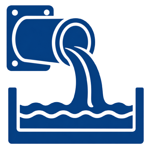 Blue icon showing processed waste water coming out of pipe