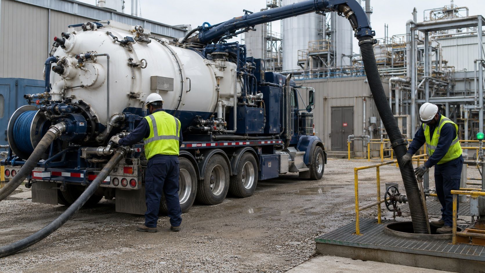 Vacuum truck operator connecting hoses for grease trap and interceptor waste collection at a food processing facility