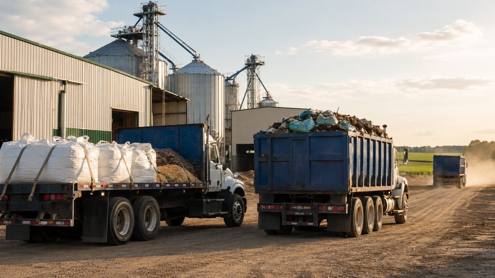 Vacuum and response trucks staged at an agricultural facility managing a chemical spill response near storage tanks