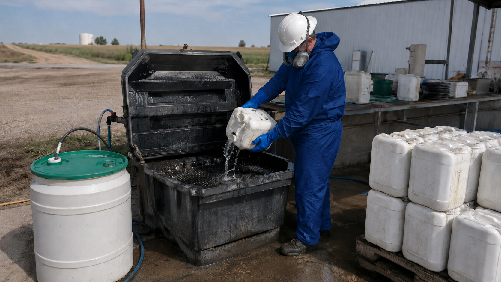 Hazmat technician managing expired pesticide and agricultural chemical waste containers at a rural facility