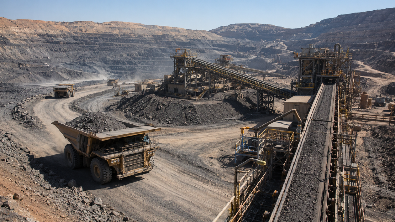 Open-pit mining operation with haul trucks and conveyors generating industrial waste streams