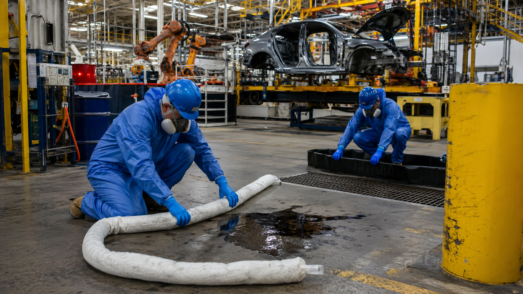 Hazmat responders containing a solvent spill on an automotive assembly plant floor near production equipment