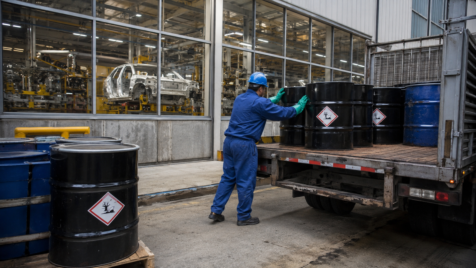 Worker loading hazardous waste drums onto a transport truck inside an automotive assembly plant facility