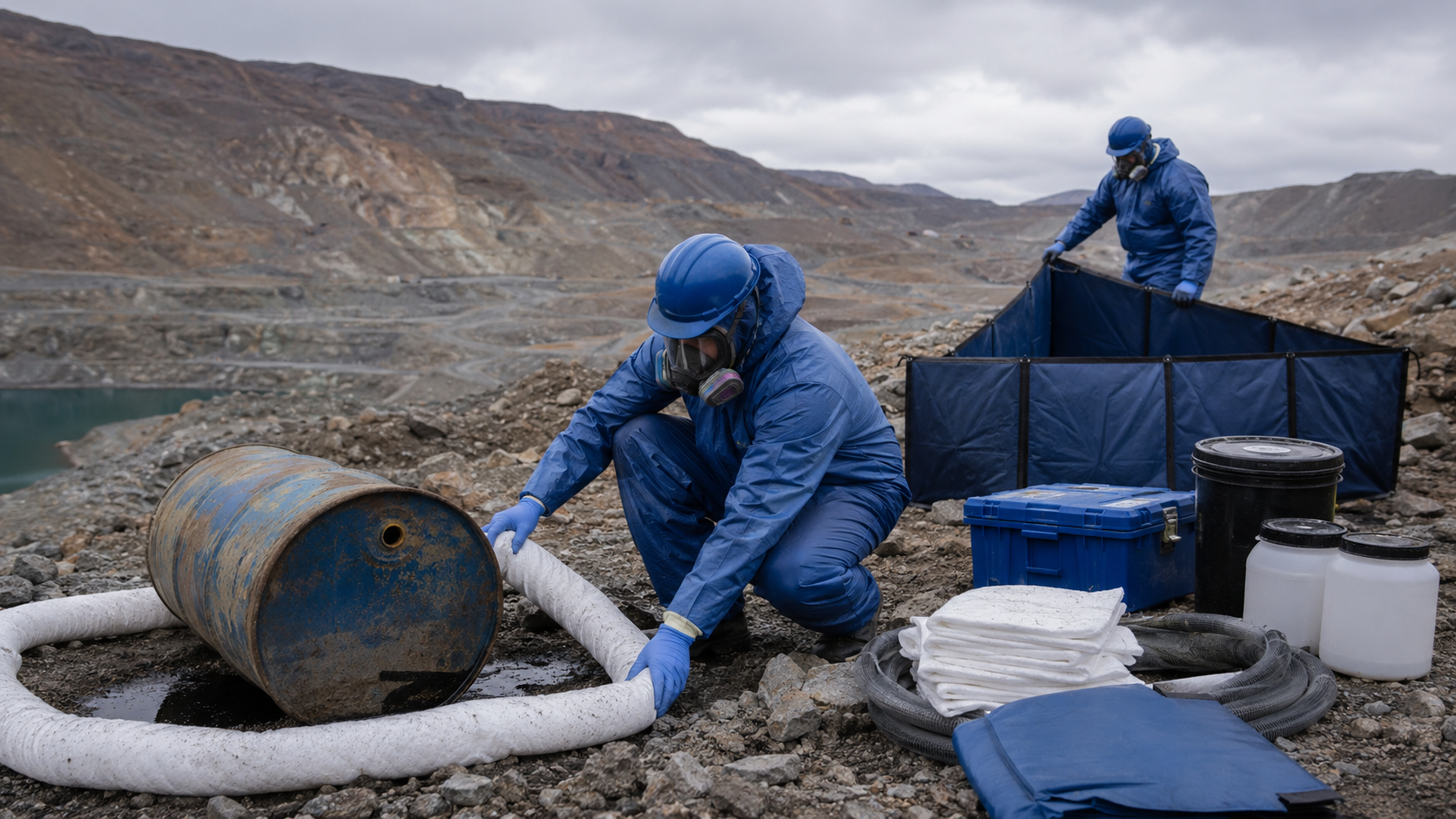Hazmat responders containing a chemical spill at a remote mining site using absorbent boom and collection drums