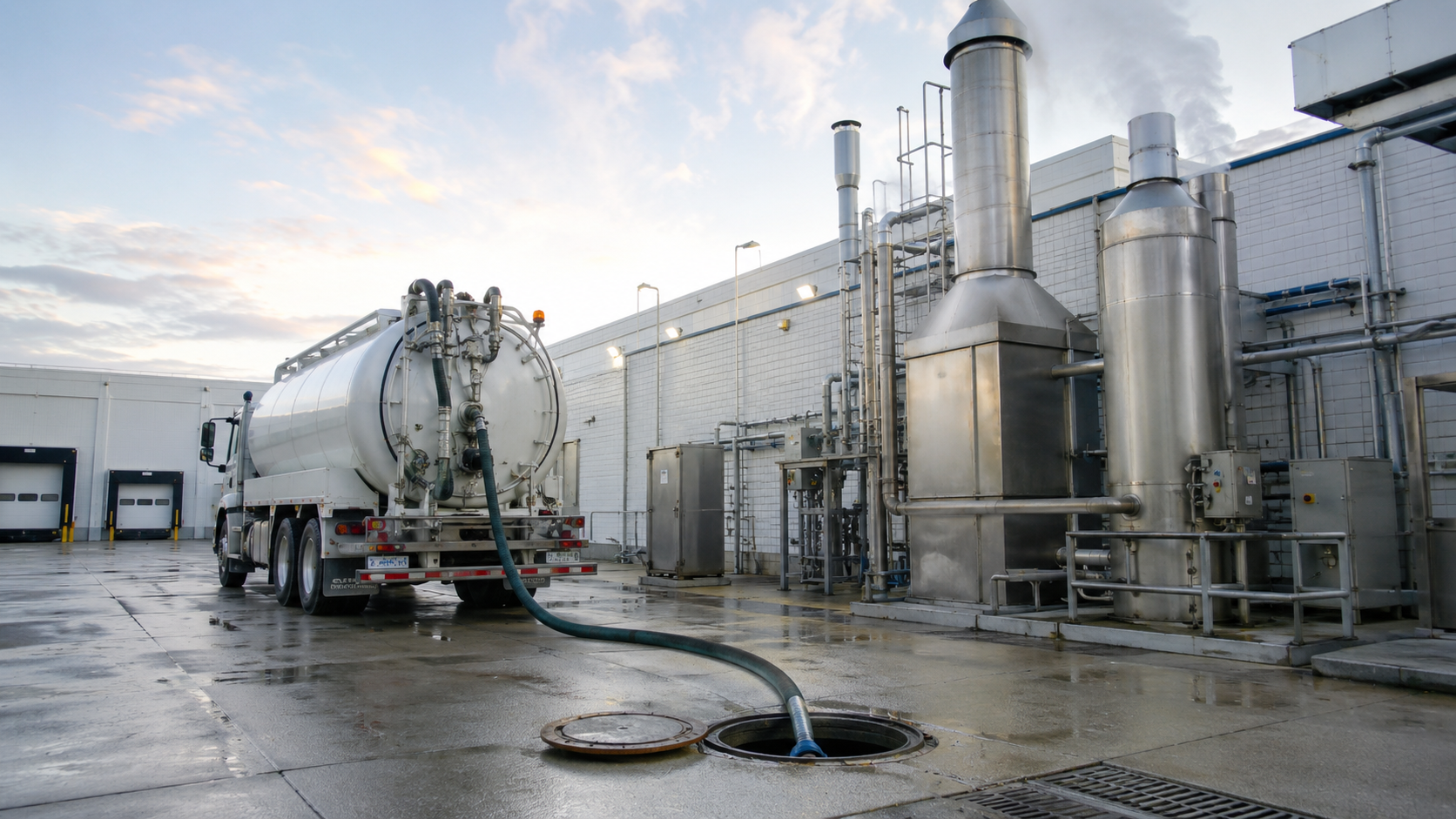 Industrial vacuum truck parked at a food processing facility collecting liquid waste and process residues