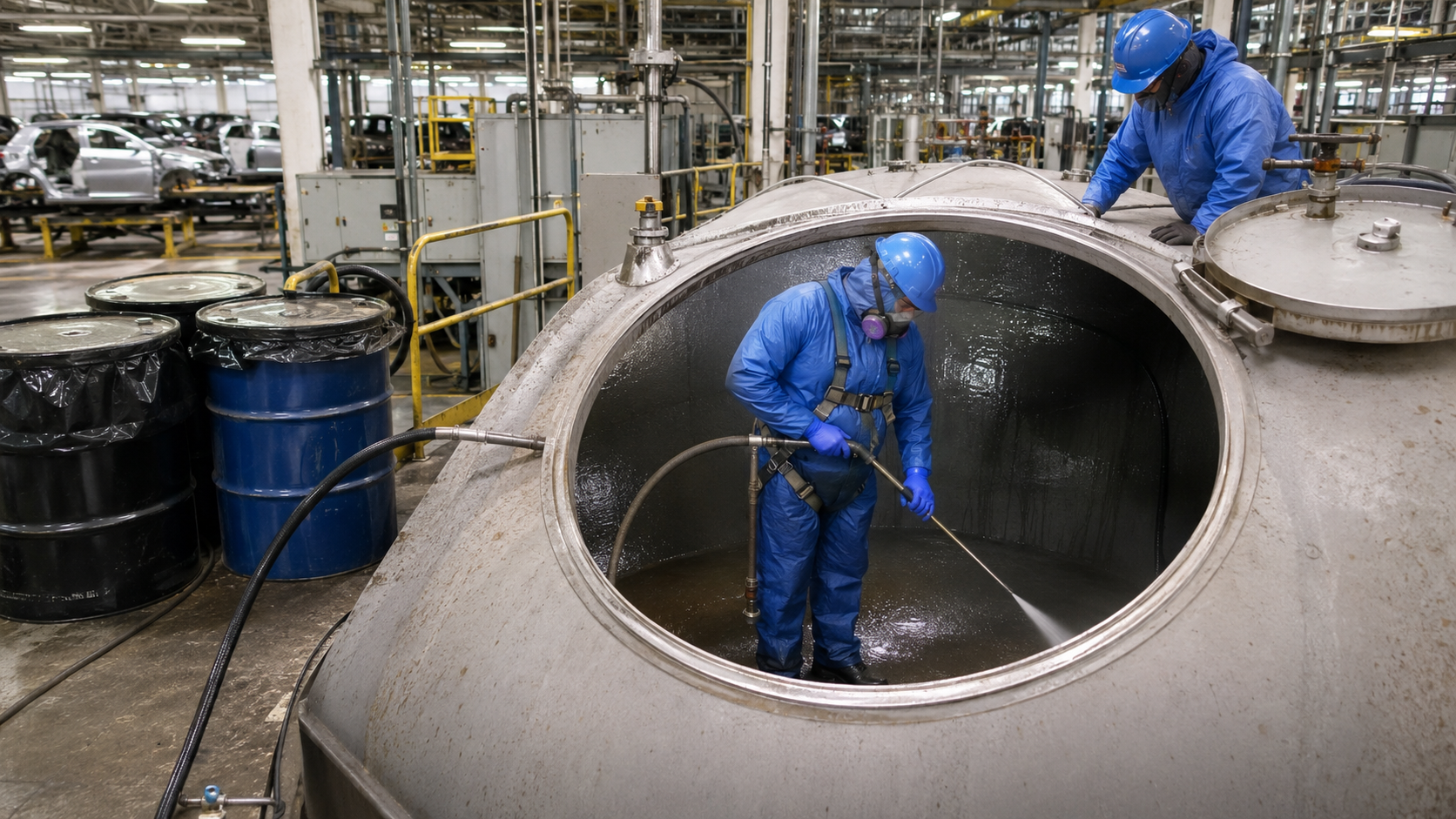 Industrial technician cleaning a large process tank using high-pressure equipment at an automotive manufacturing facility